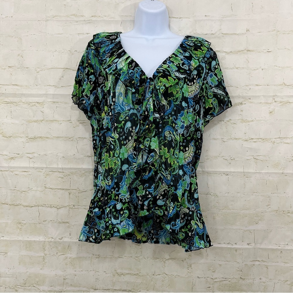Notations Black Paisley AccordionV Neck Sheer Short Sleeve Blouse